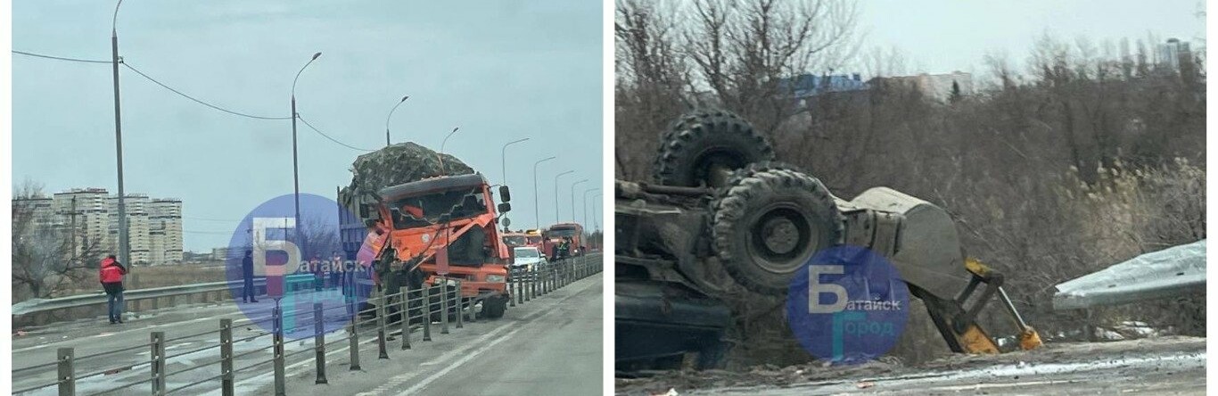 Въезд из Ростова в Батайск перекрыли из-за столкновения большегруза с экскаватором