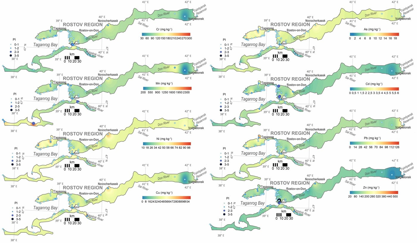Распределение потенциально токсичных элементов в почвах побережья Нижнего Дона. Источник: Konstantinova E. et al. / Environmental Geochemistry and Health, 2021