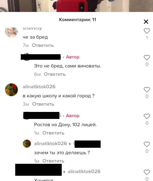 Скриншоты со страницы тиктокера, угрожавшего школам Ростова