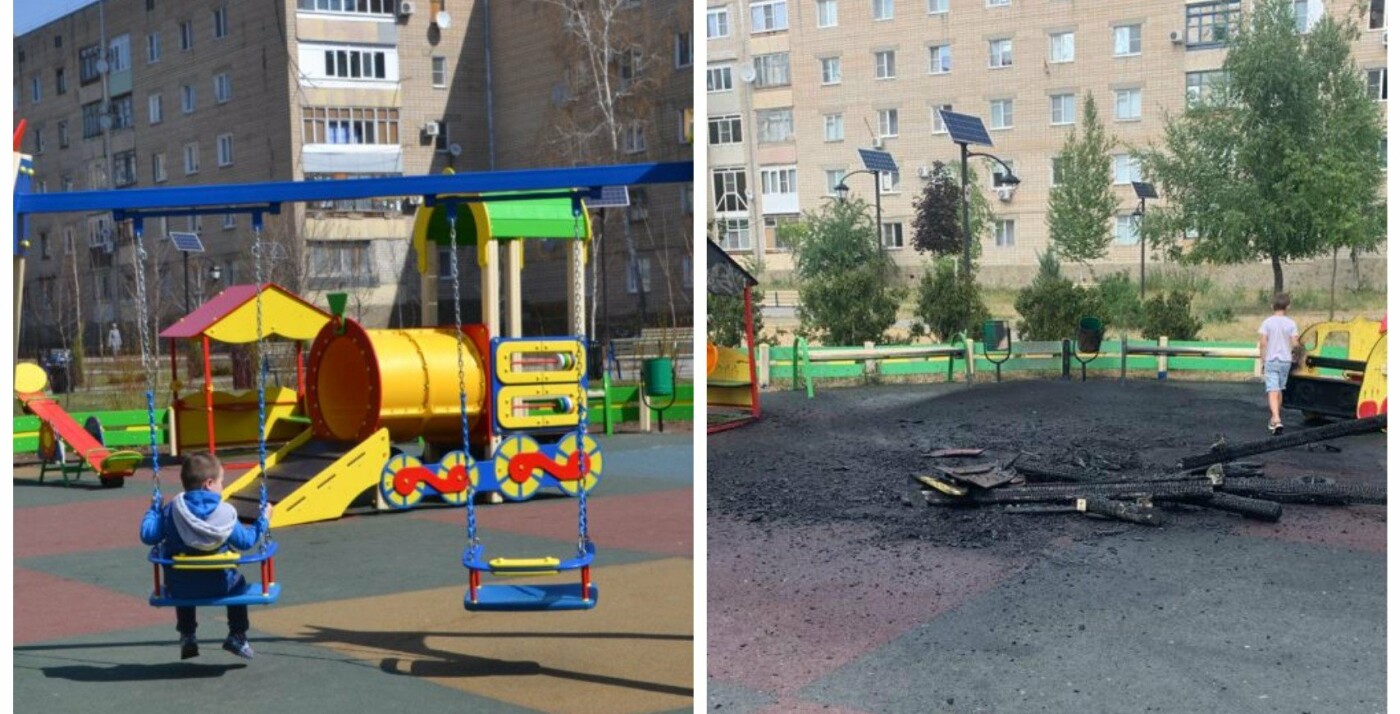 Детская площадка в Донецке до и после пожара